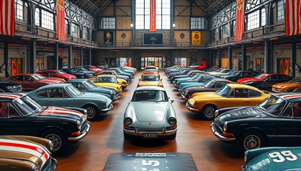 An artistic representation of a digital auction hall filled with classic cars from different eras, with vintage aesthetics and a modern online bidding interface, capturing the essence of the platform's unique offering.