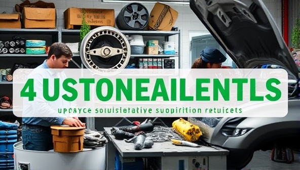 An eco-conscious image featuring a mechanic working on a car using refurbished auto parts, surrounded by a workshop with shelves of upcycled components and a banner promoting sustainability, conveying the message of environmental responsibility and resource conservation in auto repairs.