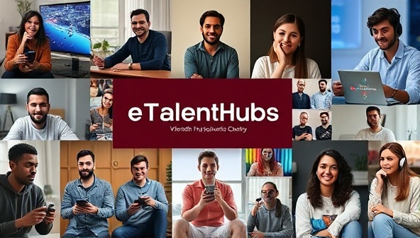 A digital collage featuring various online content creators in different niches (gaming, lifestyle, beauty, etc.) interacting with eTalentHub's virtual platform for talent representation, brand collaborations, and audience engagement, highlighting the diversity and creativity of digital content creation.