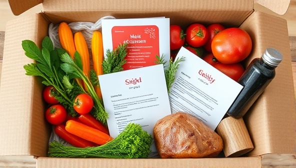 An enticing meal kit box filled with colorful, fresh ingredients like vegetables, herbs, and meats, neatly packaged with recipe cards, cooking tips, and a personalized note, creating a delightful culinary experience at home.