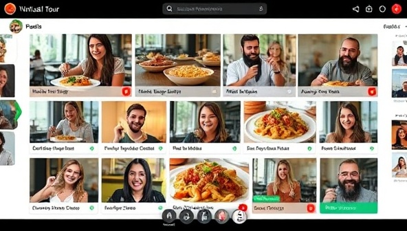 A virtual food tour interface featuring a diverse array of culinary delights from different local restaurants, with live streaming hosts showcasing dishes, interacting with viewers, and sharing stories behind the food, creating an engaging and mouth-watering experience for virtual tour participants.