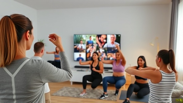 A digital fitness coach leading a virtual workout class with participants following along from their living rooms, showcasing a diverse group of people exercising together in a virtual setting, promoting inclusivity and community in fitness.