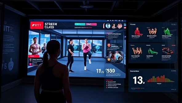 An interactive snapshot of FitStream Interactive showcasing a user engaging in a live workout class, interacting with the instructor and other participants, with real-time feedback and engagement features displayed on screen, creating an immersive and motivating fitness experience in a digital setting.