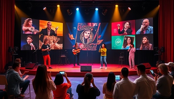 An artistic showcase featuring a diverse array of talents such as musicians, dancers, visual artists, and performers displayed on a virtual stage with a global audience tuning in from various devices, creating a vibrant and dynamic virtual talent community.