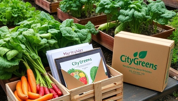 An urban garden setting with fresh vegetables being harvested, displayed in rustic wooden crates alongside recipe cards and a CityGreens Meal Kits box, showcasing the fusion of nature and culinary creativity.