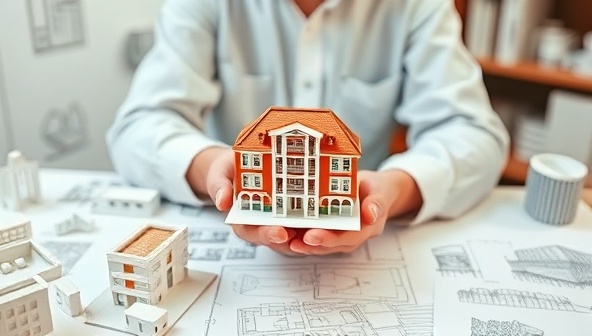 An architect holding a miniature 3D printed replica of a building, surrounded by various architectural models and design sketches, highlighting the precision and creativity of 3D printed architectural models.
