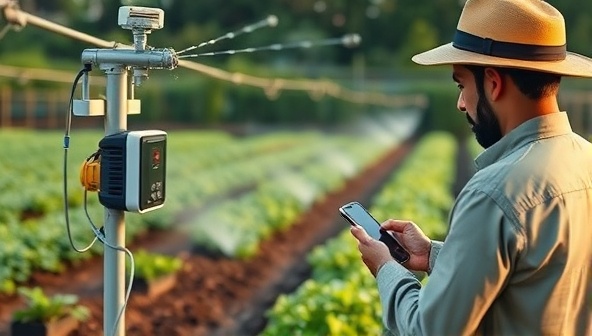A smart irrigation system in action, with sensors monitoring soil moisture levels, automated sprinklers adjusting water flow, and a farmer remotely accessing the control panel via a smartphone, showcasing efficiency and sustainability in farming practices.