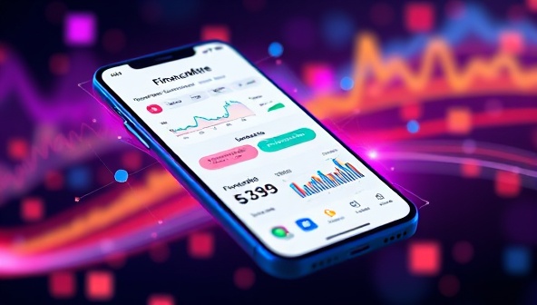 An engaging and futuristic image of a smartphone screen displaying the FinanceMate app, with colorful graphs and financial data being analyzed by a virtual AI assistant, creating a visually appealing and tech-forward representation of the platform.