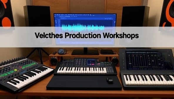 A digital studio setup featuring music production equipment, MIDI controllers, and audio interfaces, with a virtual mixing console and sound waves visualized on a screen, showcasing the creative and technical aspects of music production workshops at SoundCraftAcademy.