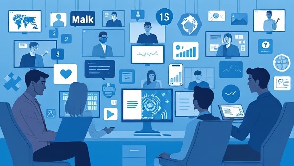 An artistic representation showcasing diverse remote workers collaborating virtually on industry-specific projects, with digital devices displaying specialized skills and creative elements, symbolizing the unique and collaborative environment facilitated by RemoteSkill Match's niche recruitment platform.