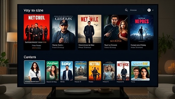 An elegant digital interface displaying movie posters and personalized recommendations, with a cozy living room setting in the background, conveying a sense of comfort and entertainment discovery.