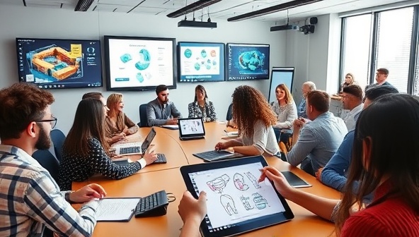 A vibrant and dynamic online classroom setting with virtual design tools on screens, creative sketches on a digital tablet, and a diverse group of participants interacting and learning together, fostering a sense of community and innovation.