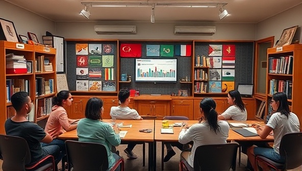 An interactive virtual language classroom environment with diverse language courses, language exchange sessions, and cultural immersion experiences, featuring engaging lessons, interactive exercises, and global connections with native speakers, creating a dynamic and enriching language learning hub for members to expand their linguistic horizons and cultural understanding.