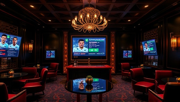 An exclusive members-only club setting with a luxurious VIP lounge, premium betting guides, and personalized betting recommendations displayed on digital screens, surrounded by elegant decor and sophisticated ambiance, representing the Elite BetMasters Club's exclusive and high-end betting services.