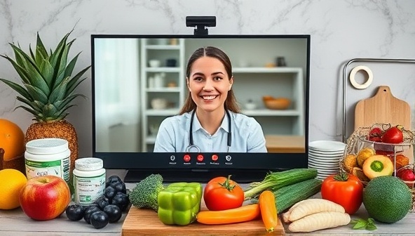 A virtual nutrition consultation session featuring a dietitian discussing meal plans on a video call, surrounded by fresh fruits, vegetables, and nutritional supplements, conveying a professional and supportive approach to personalized nutrition guidance.