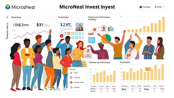 An engaging digital illustration of a diverse group of people investing in real estate through a digital platform, with interactive graphs, property portfolios, and a user-friendly interface, showcasing the accessibility and inclusivity of MicroNest Invest.