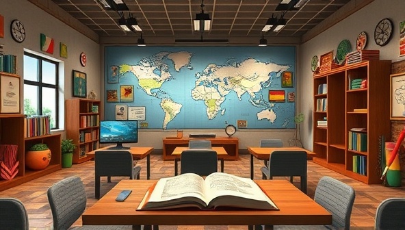 An immersive language learning environment with virtual classrooms, cultural artifacts, language books, and interactive language exercises, showcasing a dynamic and engaging platform for travelers to learn new languages and explore diverse cultures.