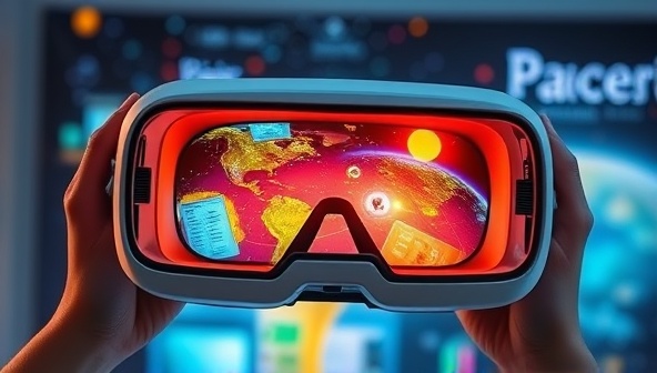 An engaging VR headset displaying a vibrant virtual world with interactive elements, inviting users to explore the possibilities of VRWebEngage's web design experiences.