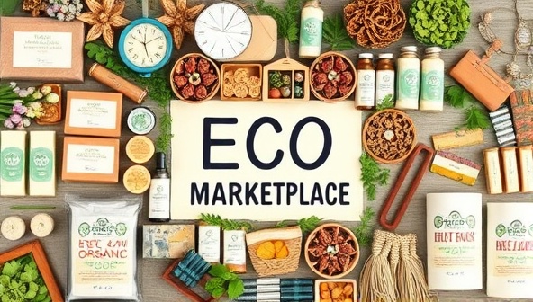 An artistic collage of diverse sustainable products such as organic soaps, handmade textiles, and recycled accessories, symbolizing the eco-friendly and local focus of the marketplace.