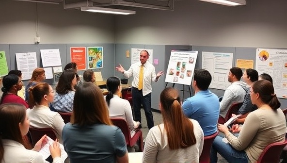 An image of a dynamic workshop setting with a presenter engaging with a diverse audience, surrounded by visual aids and interactive activities, conveying a sense of learning and empowerment.
