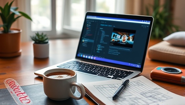 An online learning environment with a laptop showing a design tutorial, a notebook with sketches, and a cup of coffee, creating a cozy and productive setup for learning web design.