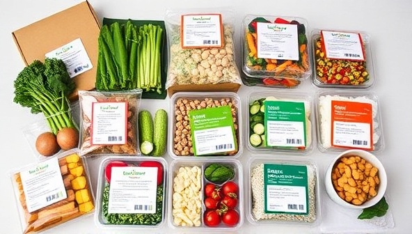 An assortment of neatly organized meal prep kits with fresh ingredients, colorful recipe cards, and branded packaging, symbolizing convenience, health, and quality in a subscription-based service.