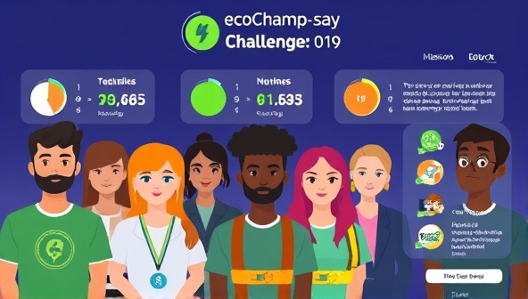 An engaging digital illustration showcasing diverse avatars participating in energy-saving challenges on the EcoChamp Challenge platform, with animated energy meters, green badges, and collaborative missions, illustrating a fun and impactful approach to sustainability.