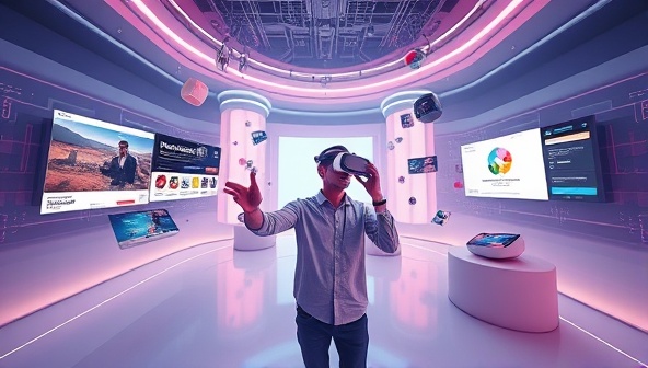 An engaging VR experience within the WebVR Gallery, featuring a designer navigating through a futuristic VR environment filled with floating web design projects, interactive elements, and dynamic animations, showcasing the platform's immersive and visually captivating showcase capabilities.