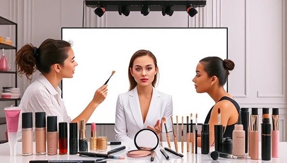 An elegant virtual makeup masterclass setup with a professional makeup artist demonstrating a technique on a model, surrounded by a selection of high-end makeup products and brushes, creating an immersive learning experience for participants.