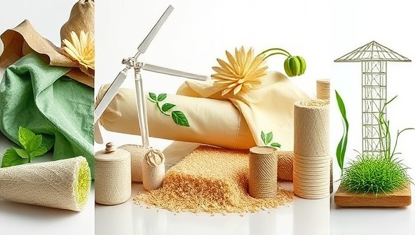 An artistic representation of bio-based sustainable materials in various forms, such as fabrics, packaging, and construction elements, showcasing the versatility and eco-friendly nature of BioFusion Innovations' innovative material solutions.