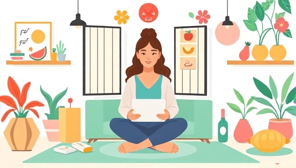 An inviting digital illustration showcasing a virtual coaching session with a health coach discussing wellness goals with a client, surrounded by vibrant images of healthy foods, exercise equipment, and relaxation tools to convey a sense of balance and harmony in holistic health coaching.