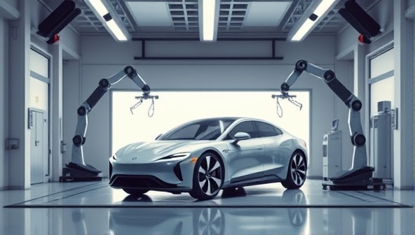 An innovative concept image showing a sleek autonomous vehicle receiving maintenance by robotic arms in a futuristic garage, highlighting convenience and advanced technology.