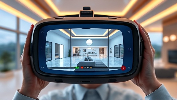 An immersive VR headset displaying a futuristic virtual property tour, with a user exploring a luxury home environment with interactive features and detailed 3D renderings, illustrating the cutting-edge experience offered by VR Estate Tours.