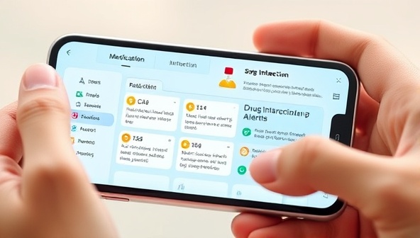 An engaging visual representation of the PharmaGuard AI app interface on a smartphone screen, displaying medication profiles, interactive drug interaction alerts, and personalized recommendations for safe medication usage, creating a sense of security and empowerment in managing one's health.