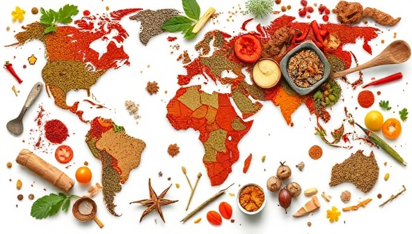 A vibrant collage of global spices, colorful ingredients, and traditional cooking utensils from various cuisines, symbolizing the diverse culinary experiences and cultural richness offered by the TasteTraverse app, creating a visual feast for the senses.