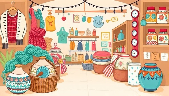 A charming digital illustration featuring a variety of handmade crafts, such as knitted scarves, beaded jewelry, and painted ceramics, displayed in a virtual marketplace setting, highlighting the creativity and diversity of DIY crafters and their products online.