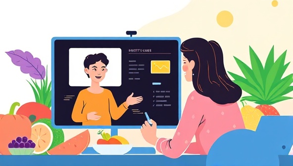 An engaging digital illustration of a nutrition coach providing guidance to a client through a virtual platform, with a colorful array of fruits and vegetables in the background, symbolizing health and wellness.