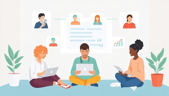 An illustration of a virtual clinical trial setup with diverse participants engaging through digital devices, emphasizing accessibility and inclusivity in medical research.