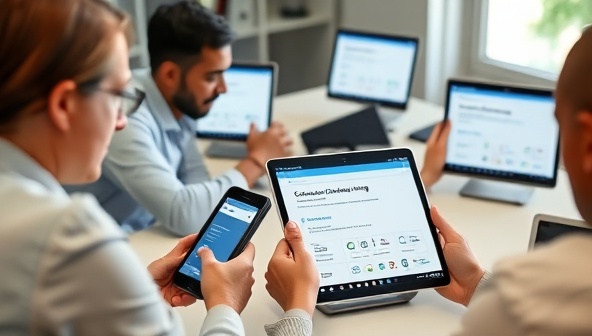 An image of employees participating in an online compliance training course on their devices, with interactive modules, quizzes, and a progress tracker visible on the screens, highlighting the convenience and engagement of online compliance training.