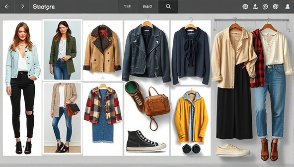 A digital collage of style mood boards, clothing items, and accessory combinations displayed on a virtual wardrobe platform, reflecting creativity and personalization in fashion styling.