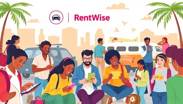 A dynamic digital illustration showcasing a diverse group of travelers accessing the RentWise Reviewer platform on various devices, sharing rental experiences, reading reviews, and exploring rental options, creating a vibrant and interactive travel community around car rentals.