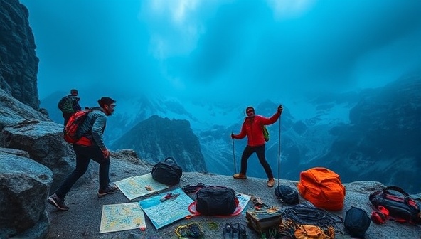 An exhilarating virtual adventure escape scene with participants navigating through extreme terrains, conquering daring challenges, and unlocking hidden clues, surrounded by outdoor gear, maps, and adrenaline-pumping elements, creating a sense of immersive thrill and excitement in virtual travel adventures.