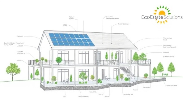An architectural blueprint of a sustainable building design with solar panels, green roofs, and efficient water systems, illustrating the innovative and eco-conscious approach of EcoEstate Solutions in creating sustainable real estate solutions.