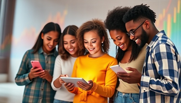 A vibrant and diverse group of people engaging with a digital platform on their devices, with graphs and financial charts in the background symbolizing financial progress and empowerment.
