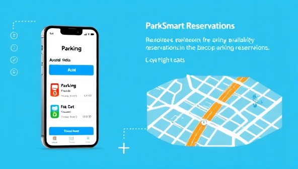 A modern and tech-savvy graphic illustrating a smartphone screen displaying the ParkSmart Reservations app interface with parking spot options, availability status, and a map view of urban parking locations, highlighting the convenience and efficiency of smart parking reservations in urban areas.