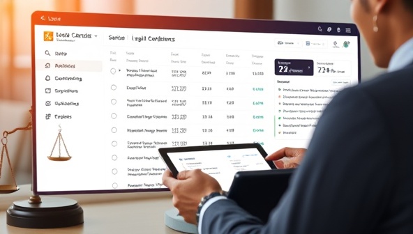 An image of a digital dashboard displaying legal compliance tasks, upcoming deadlines, and notifications, with a business owner reviewing the checklist on a tablet, surrounded by legal symbols like gavels and scales, symbolizing organized legal management.