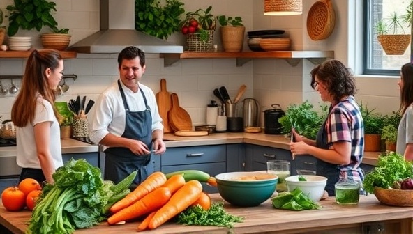 A cozy kitchen setting with a chef teaching a plant-based cooking class, surrounded by fresh produce, herbs, and cooking utensils, showcasing a hands-on and interactive learning experience.