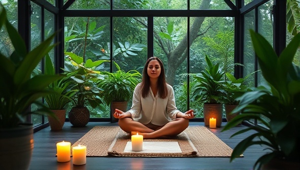 A serene and calming virtual wellness retreat setting with a digital meditation session led by a wellness expert, surrounded by lush greenery, candles, and tranquil music, creating a peaceful and rejuvenating atmosphere.
