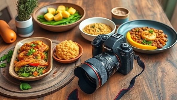 A beautifully styled food photography setup with a camera, props, and delicious dishes arranged on a rustic table, capturing the essence of a creative and visually appealing photography workshop environment.