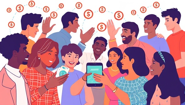 An inclusive and diverse digital illustration showing people from various backgrounds connecting through the MicroLend Connect platform on their smartphones, exchanging virtual coins and supporting each other financially, symbolizing empowerment and community solidarity.